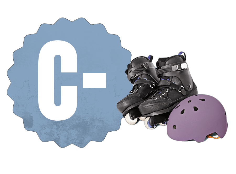 c- grade in text beside roller blades and a helmet