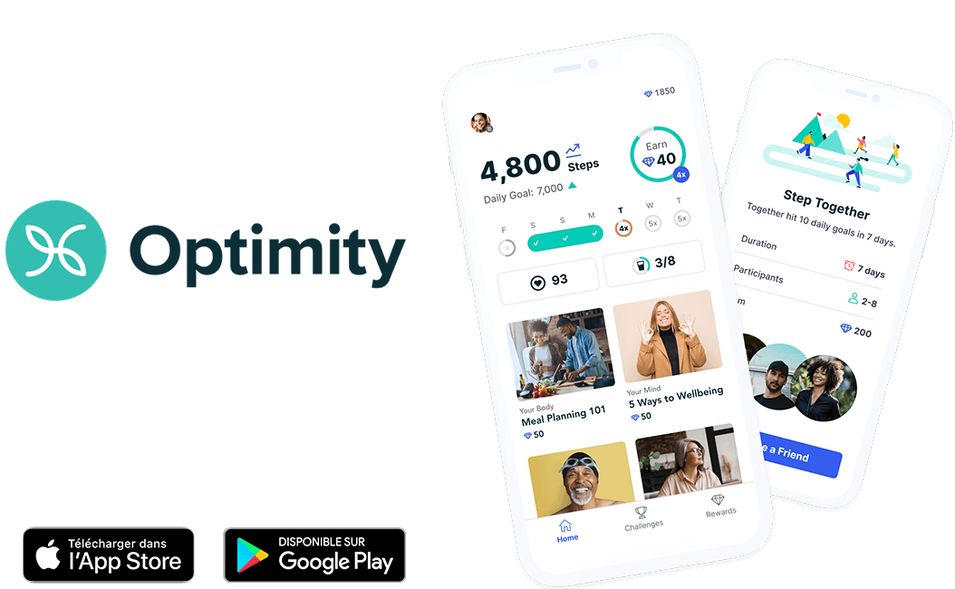 Aperçu de l’application Optimity sur un téléphone mobile (Android et Apple). Aperçu de l’application Optimity sur un téléphone mobile (Android et Apple).
