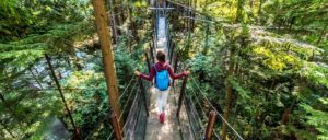 woman walks on suspension bridge in forest
