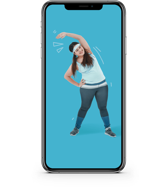 A smartphone screen showing a woman stretching alongside motivating phone notifications, a skipping rope and a ping pong racquet