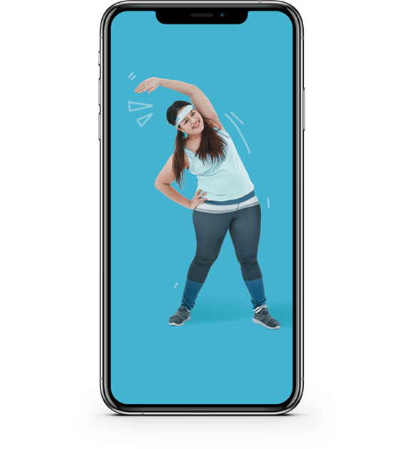 A smartphone screen showing a woman stretching alongside motivating phone notifications, a skipping rope and a ping pong racquet A smartphone screen showing a woman stretching alongside motivating phone notifications, a skipping rope and a ping pong racquet