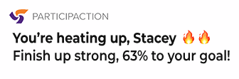 Participaction + smartphone notification displaying "You're heating up, Stacey. Finish up strong, 63% to your goal" Participaction + smartphone notification displaying "You're heating up, Stacey. Finish up strong, 63% to your goal"