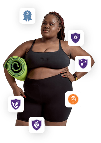 A woman in activewear and holding a green yoga mat stands in contemplation while app badges appear around her A woman in activewear and holding a green yoga mat stands in contemplation while app badges appear around her