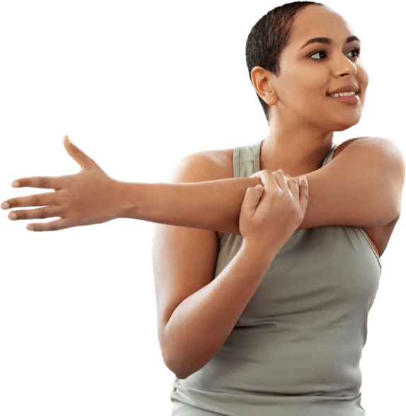A woman stretching her arm and gazing into the distance while being surrounded with pop-ups featuring in-app workout videos A woman stretching her arm and gazing into the distance while being surrounded with pop-ups featuring in-app workout videos