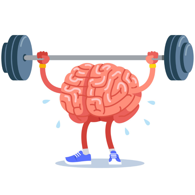 A cartoon brain wearing running shoes lifts a barbell  with weights on it