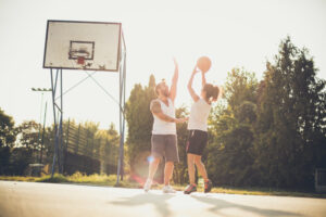 Female,Against,Male.,Couple,Playing,Basketball.