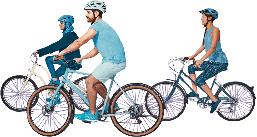 A man and two women wearing bicycle helmets riding cycling across the screen A man and two women wearing bicycle helmets riding cycling across the screen