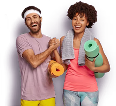 smiling couple with yoga mat under their arms smiling couple with yoga mat under their arms