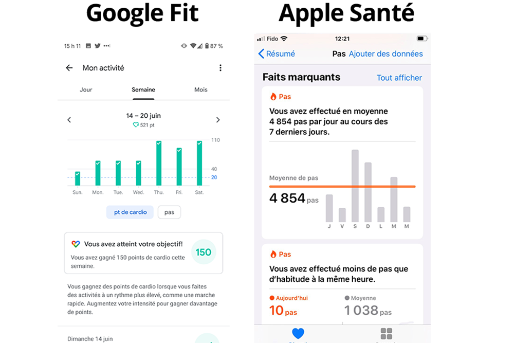 Google fit and Apple santé screenshots