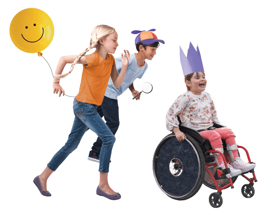 one girl with a balloon on her hand, a boy with a magnifying glass in his hand and a boy in a wheelchair playing and smiling