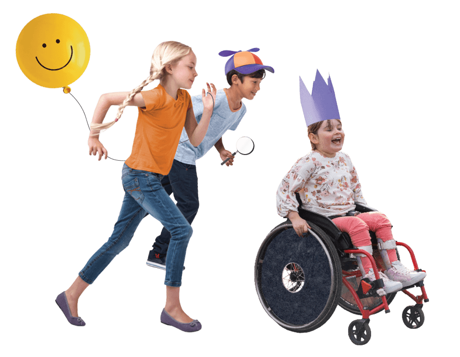 Child Wheelchair 2 kids one girl with a balloon on her hand, a boy with a magnifying glass in his hand and a boy in a wheelchair playing and smiling