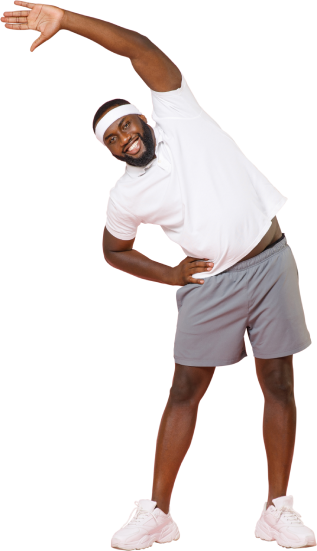 A man wearing an exercise headband does a side stretch
