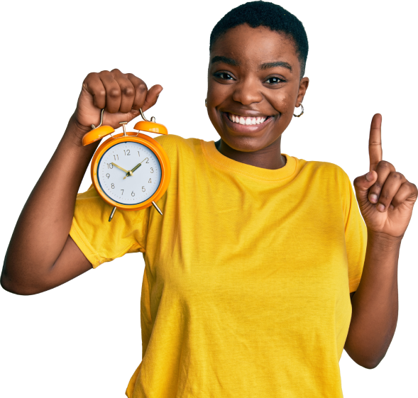 Young African American Woman Holding Alarm Clock Young African American Woman Holding Alarm Clock
