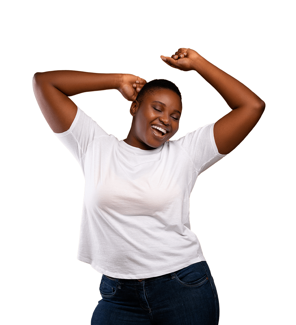 Happy millennial woman wearing white t-shirt dancing with closed eyes, having fun moving and listening to music