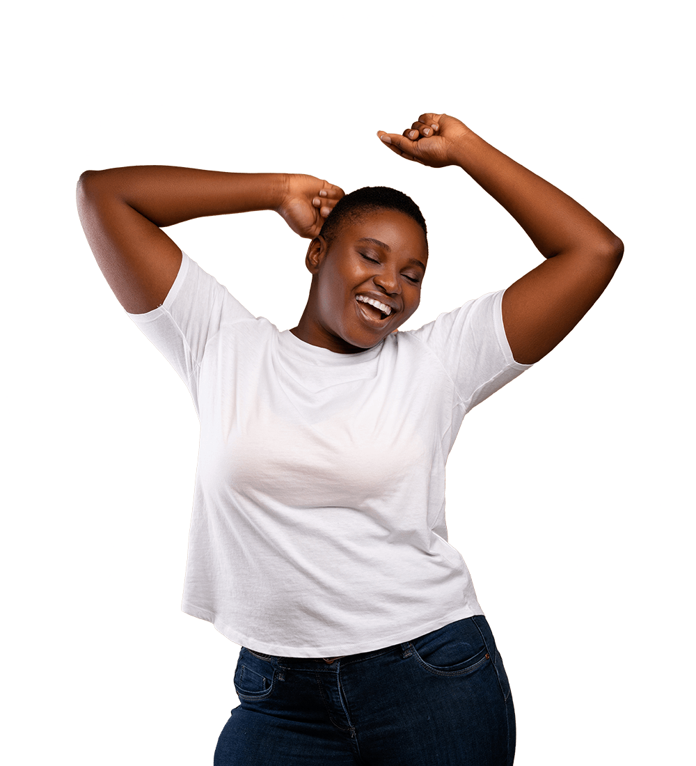 Explore the Benefits banner Happy millennial woman wearing white t-shirt dancing with closed eyes, having fun moving and listening to music