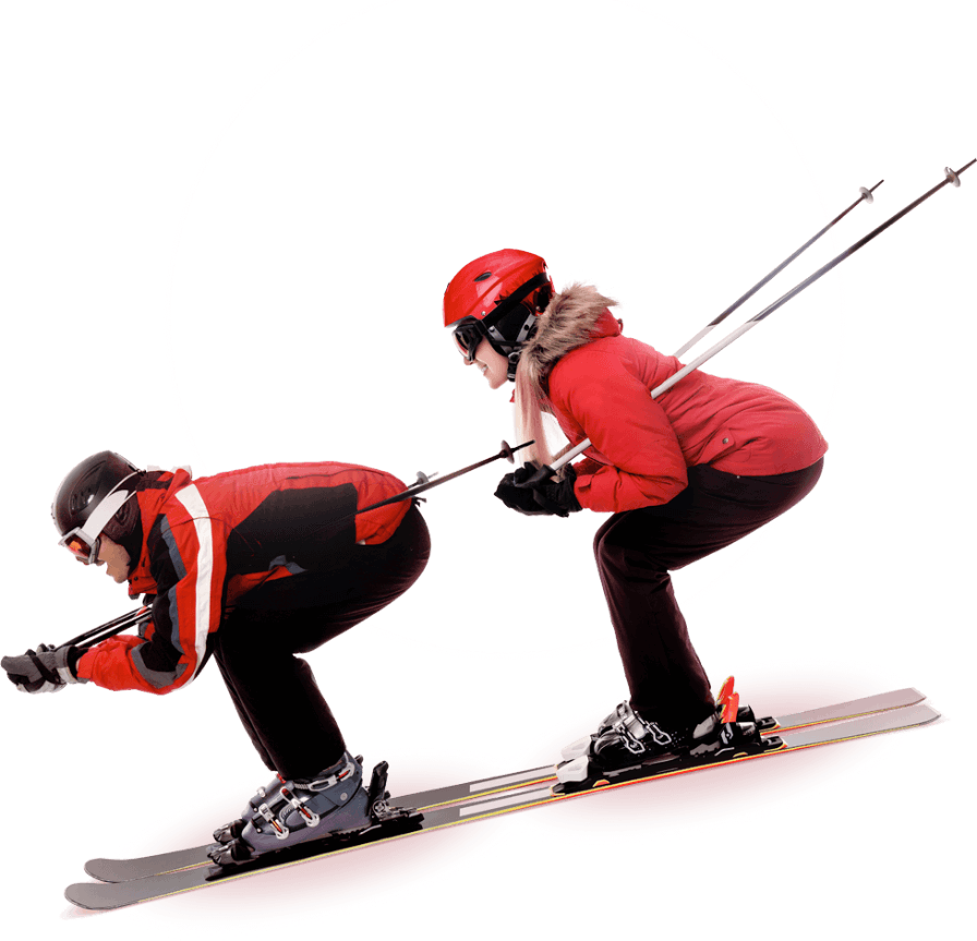 A man and woman downhill skiing together