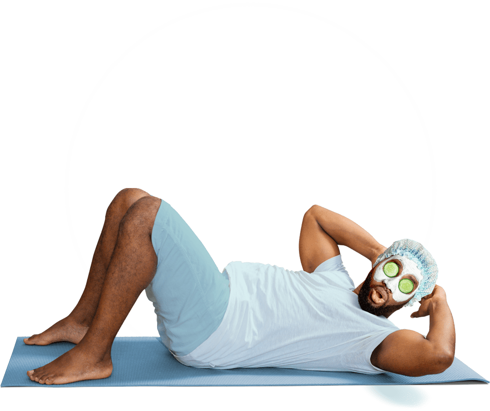 destress-banner-image A man with a facemask on doing ab crunches