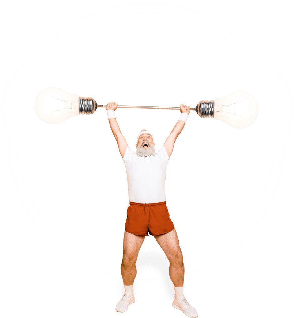 A older man lifting a barbell with lightbulbs on end