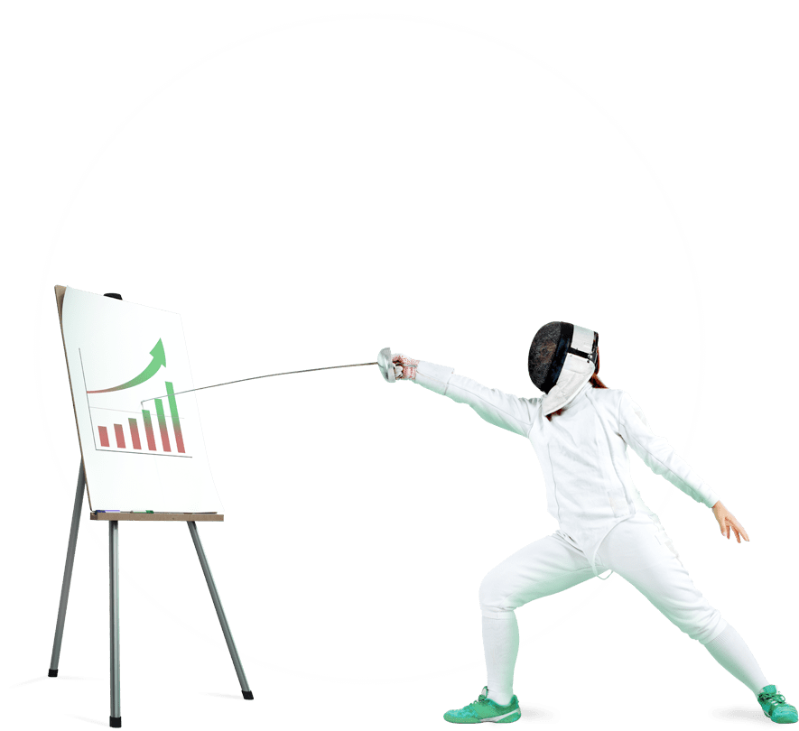 Person in fencing attire pointing at chart with sword 