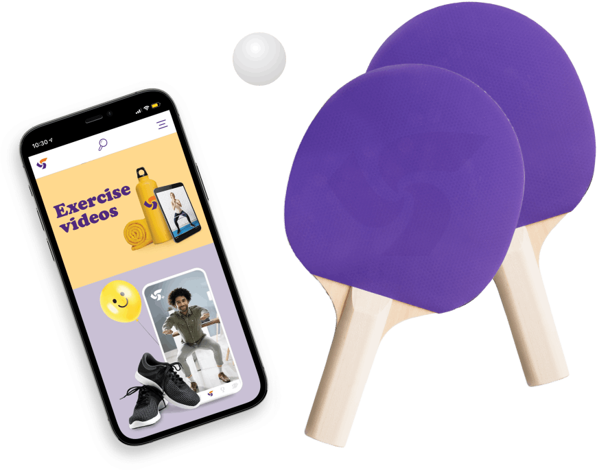 Participaction App on a smartphone screen, two purple tenis raquets on a side