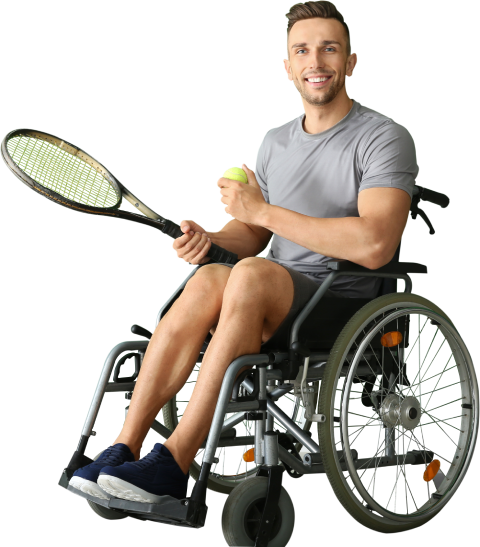 A man in a wheelchair holding a tennis racquet