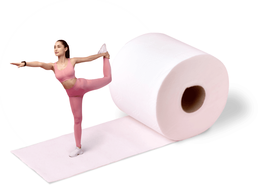 Image of woman in yoga pose on roll of toilet paper