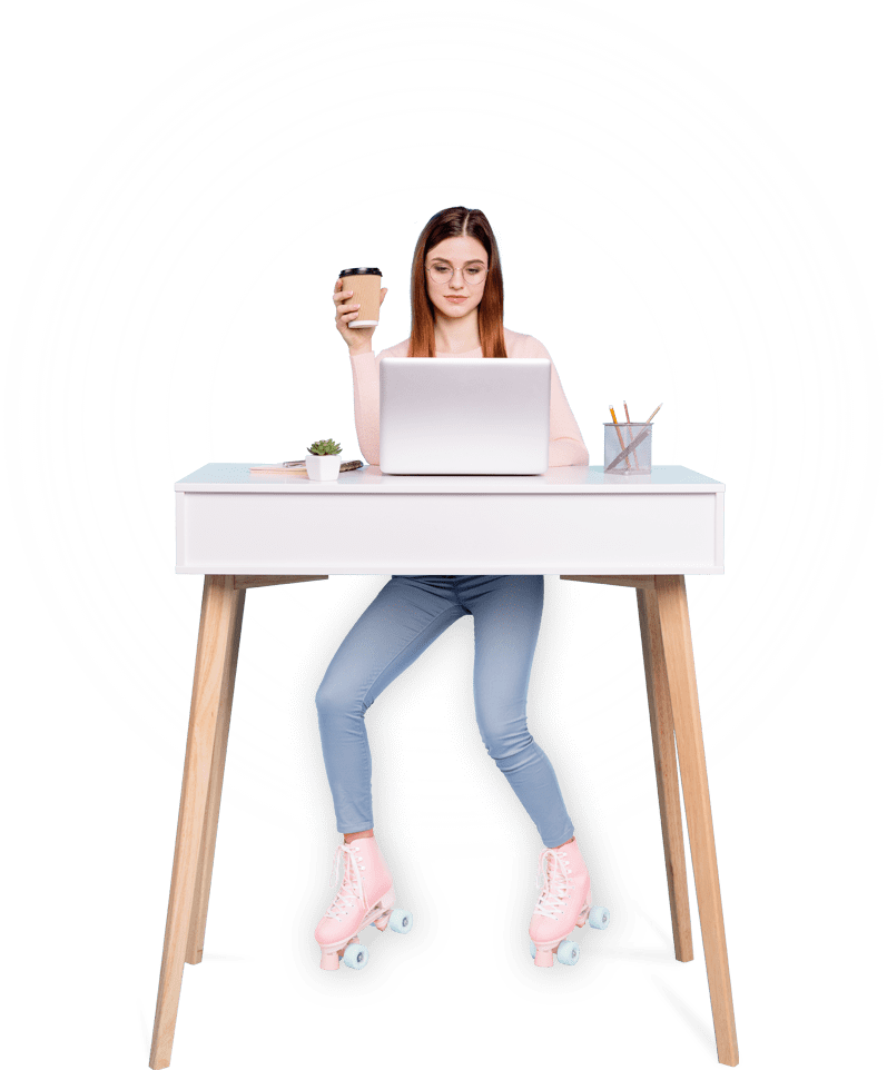 A woman in rolling skates working at standing desk