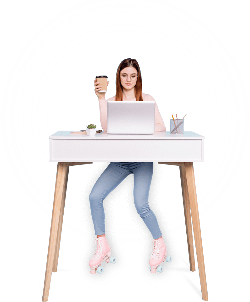 work-smarter-banner-image A woman in rolling skates working at standing desk