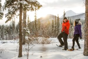 Deux personnes faisant de la raquette sur un sentier naturel avec des arbres et des montagnes en arrière-plan.