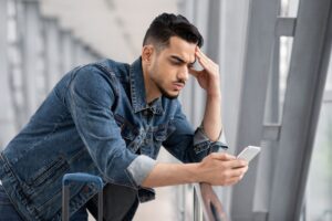A frowning man leaning against a railing while looking at his smartphone.