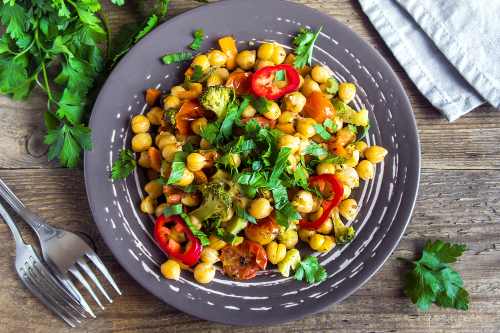 A chickpea salad on a plate. 