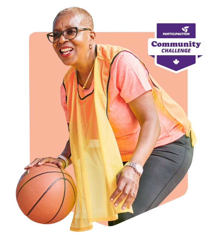 woman dribbling basketball with community challenge logo beside her