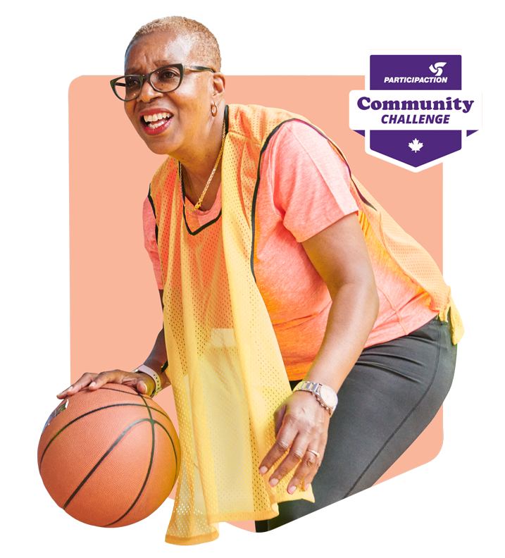 woman dribbling basketball with community challenge logo beside her woman dribbling basketball with community challenge logo beside her