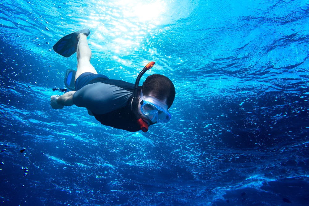 A man snorkeling underwater. 