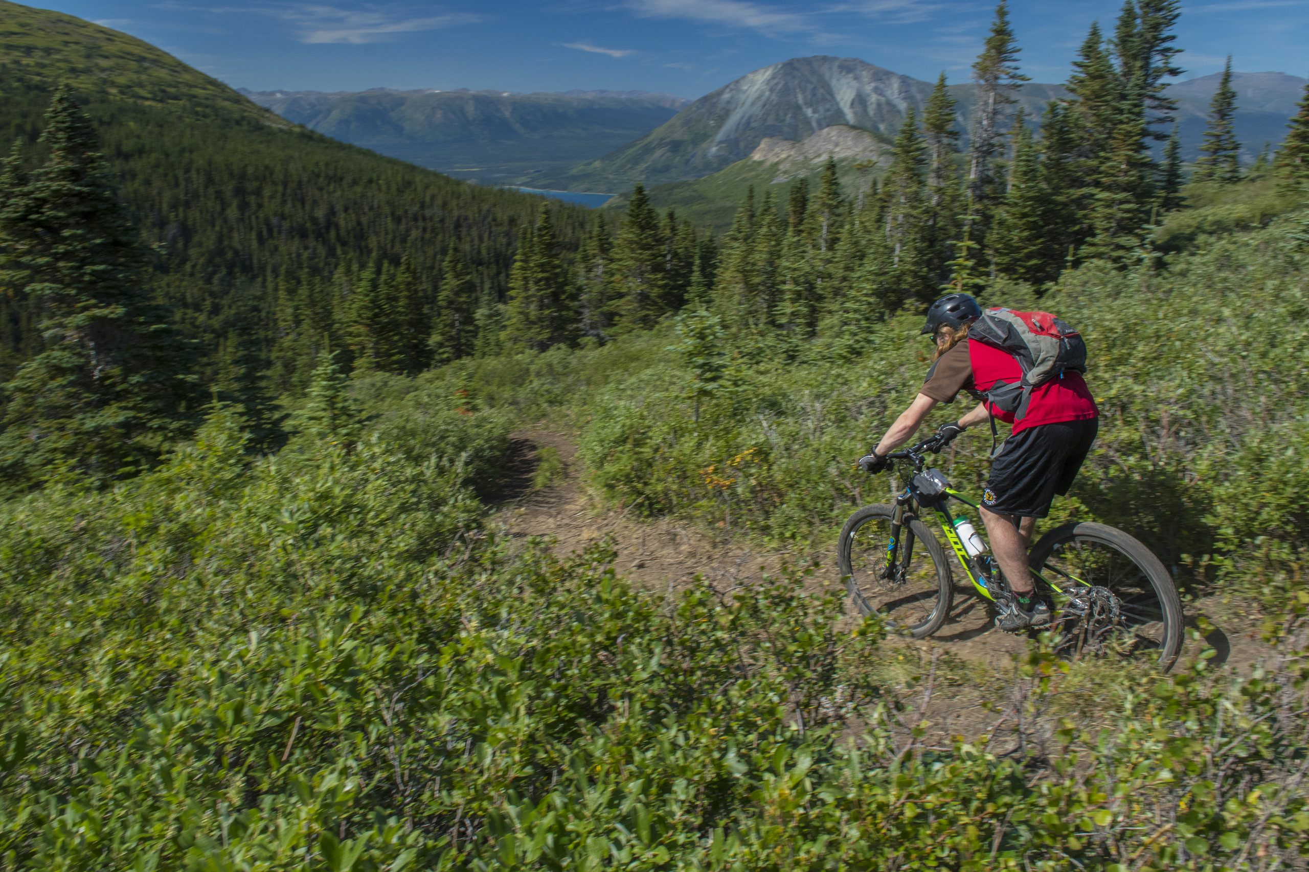 Une personne fait du vélo sur un sentier naturel avec des montagnes en arrière-plan. 
