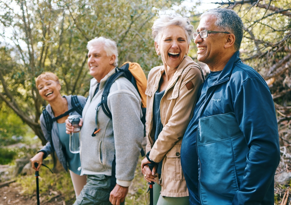  A group of people hiking in the woods. 