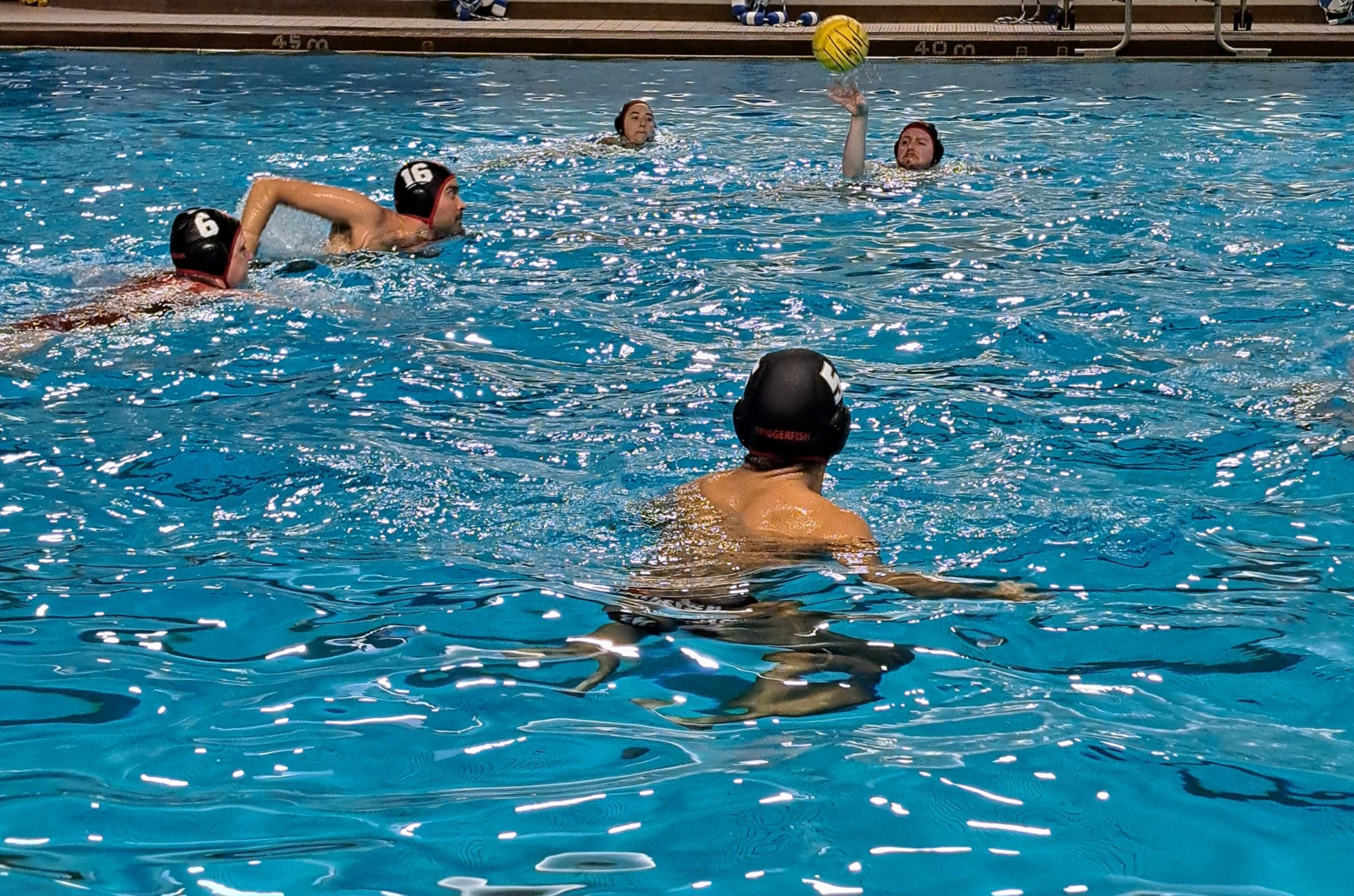 A group of people playing water polo in an indoor pool.