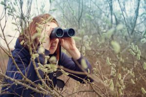 A person birdwatching with binoculars in a forest. There are many benefits of birdwatching.