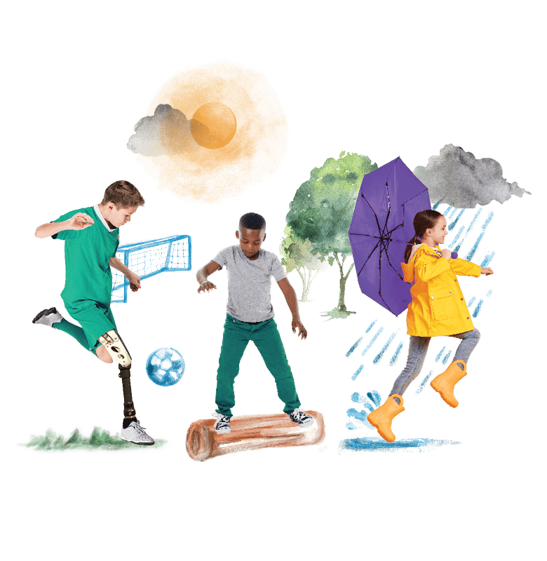A boy kicking an animated soccer ball, a boy balancing on a log and a girl skipping in the rain while holding an umbrella.
