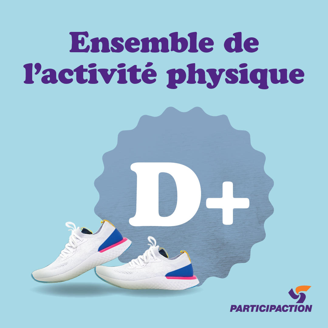 Ensemble de l'activité physique. Une paire de souliers à côté de la note “D+”. Logo de ParticipACTION.