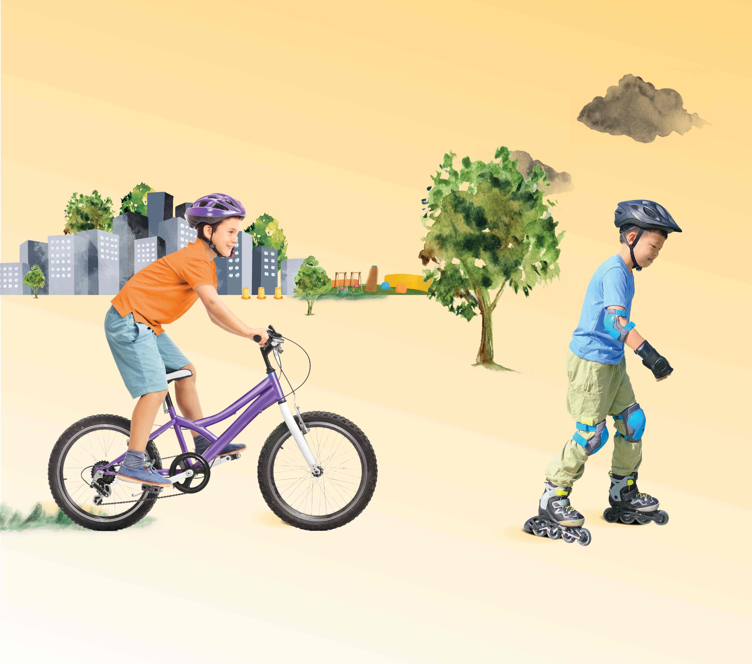 A boy riding a bicycle and another boy rollerblading in an animated city. 