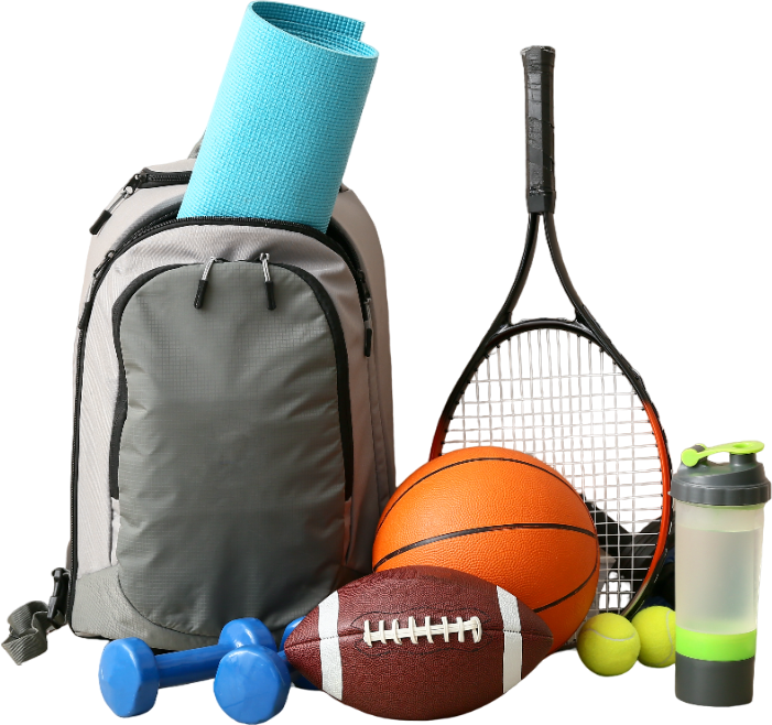 Divers objets de sport au sol dont, tapis de yoga, basket-ball, football, raquette