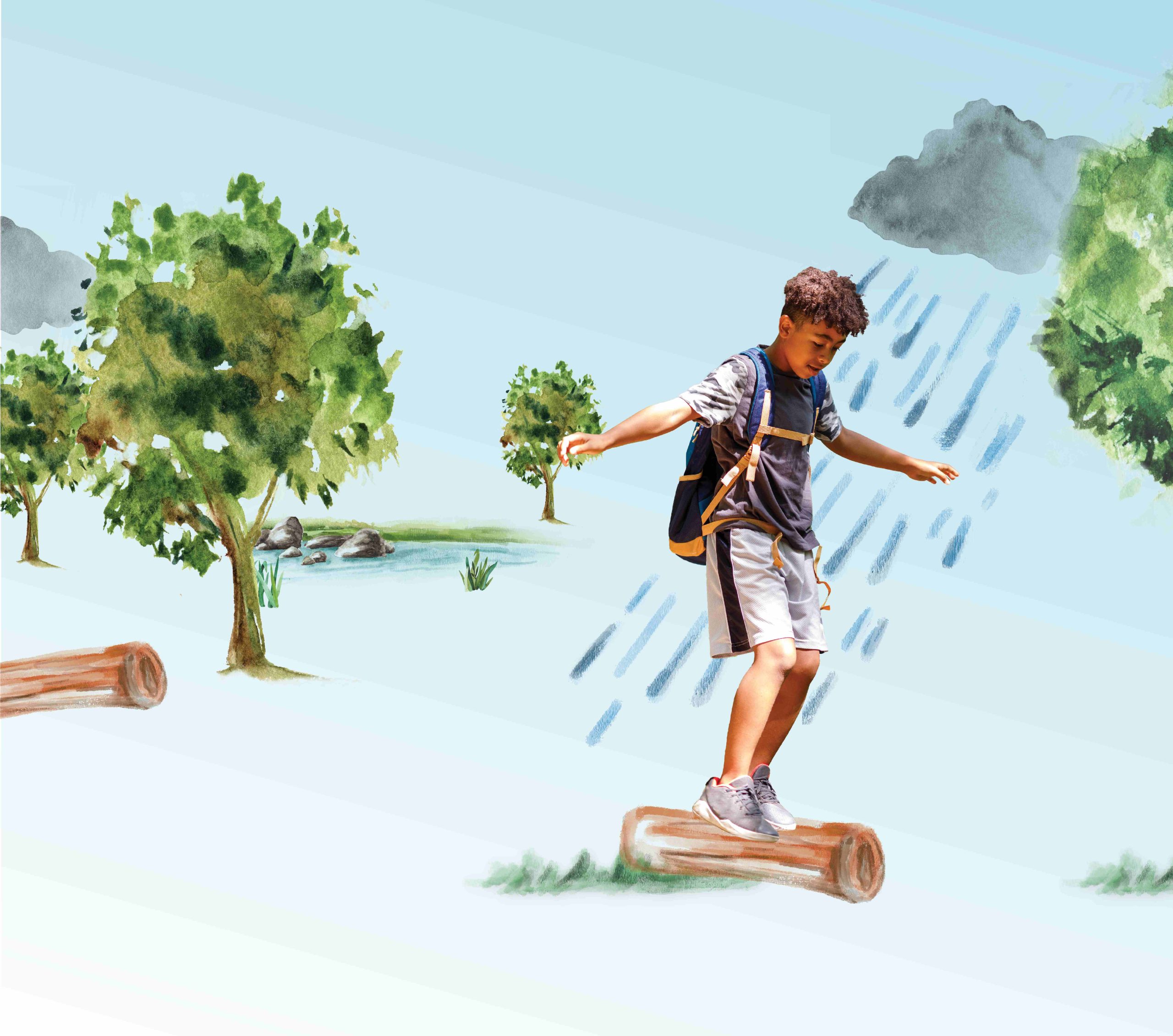 A boy balancing on a log in an animated rainstorm. 