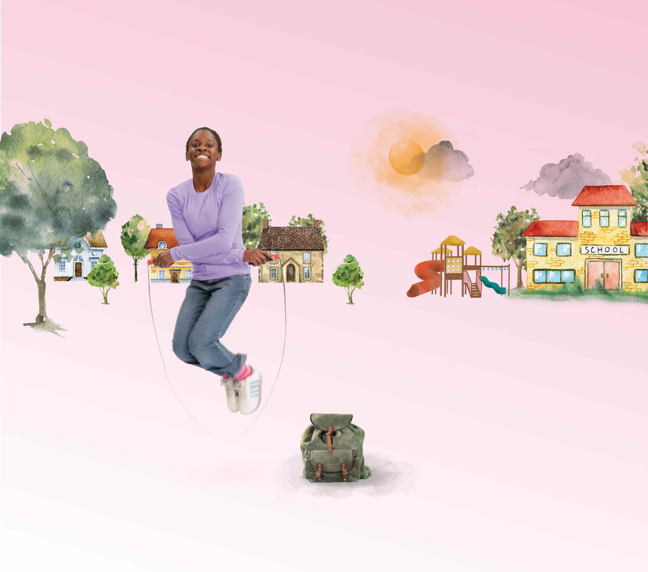 A girl jumping rope in an animated neighbourhood. 