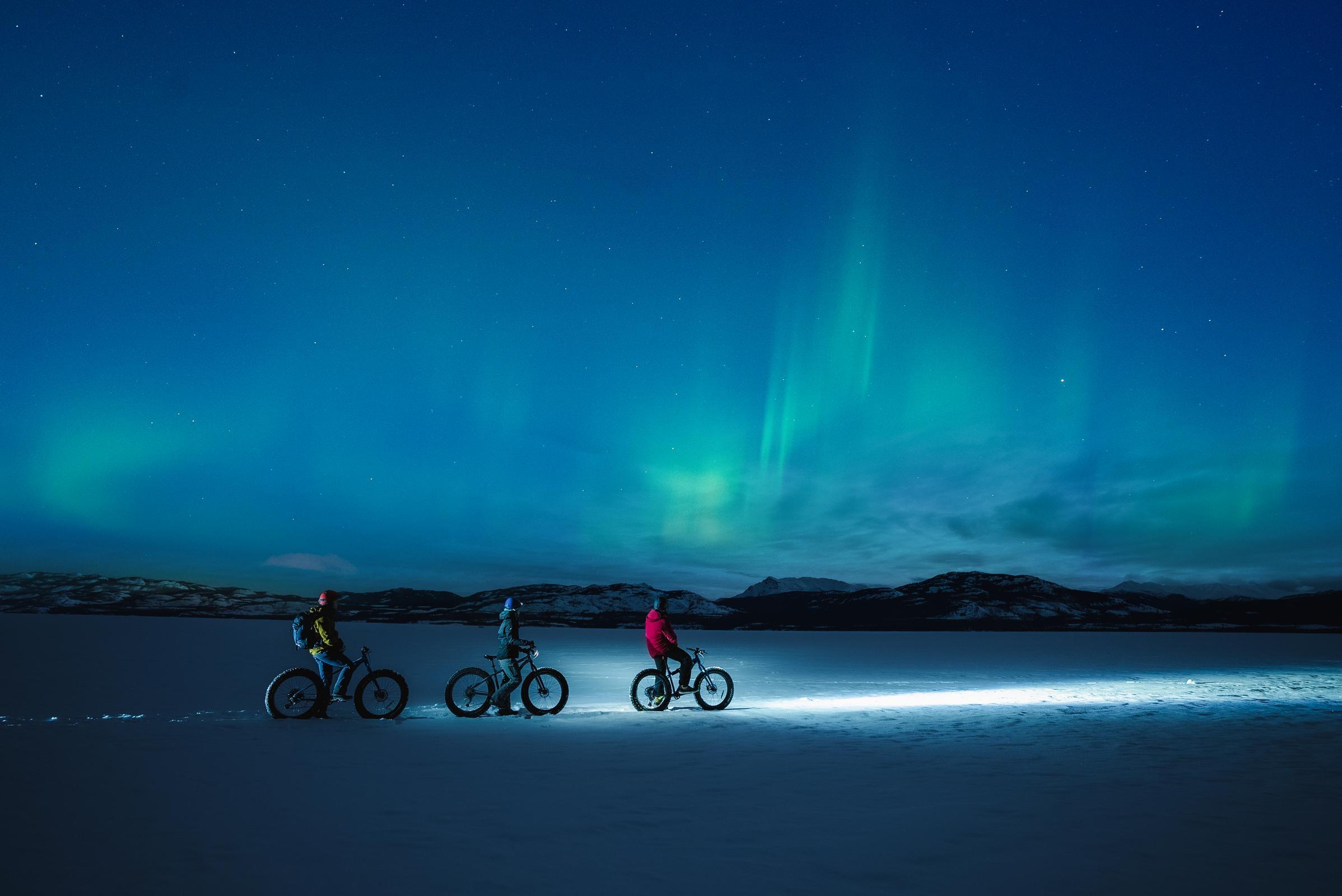 A group of people fat biking on a snowy field under the northern lights. A group of people fat biking on a snowy field under the northern lights.