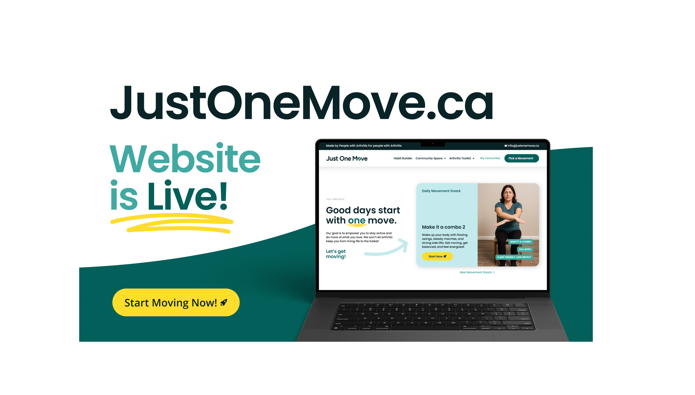 JustOneMove.ca est en ligne! Un ordinateur portable affiche la page web de Just One Move. Commencez à bouger dès maintenant! JustOneMove.ca est en ligne! Un ordinateur portable affiche la page web de Just One Move. Commencez à bouger dès maintenant!