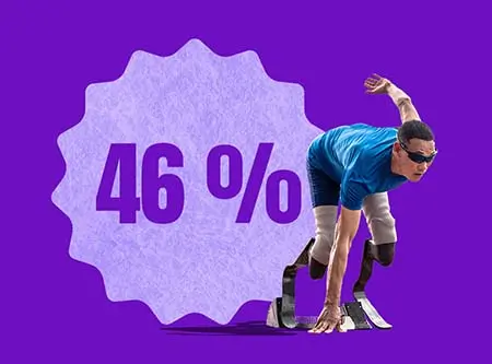 46 % sur un écusson à côté d'un homme sur un bloc de départ.