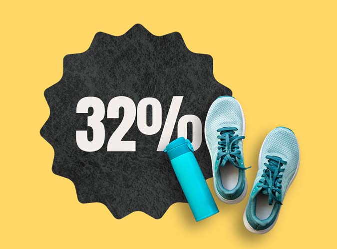 32% on badge beside a water bottle and a pair of running shoes. 